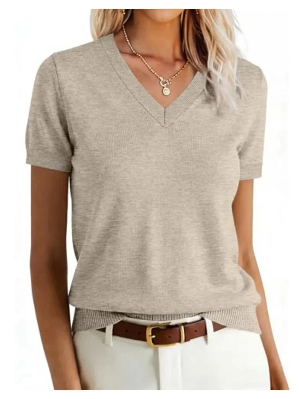 Wool Blend Short Sleeve V-Neck Pullover Sweater Business Casual Top